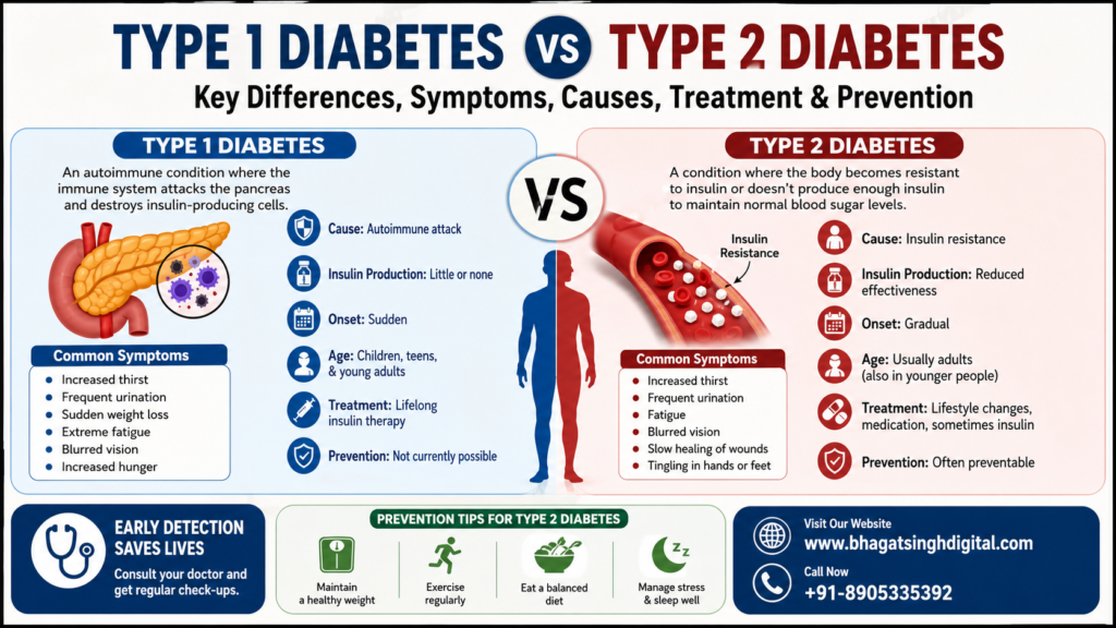 Type 1 Diabetes vs Type 2 Diabetes comparison showing symptoms, causes, treatment options, and prevention methods.