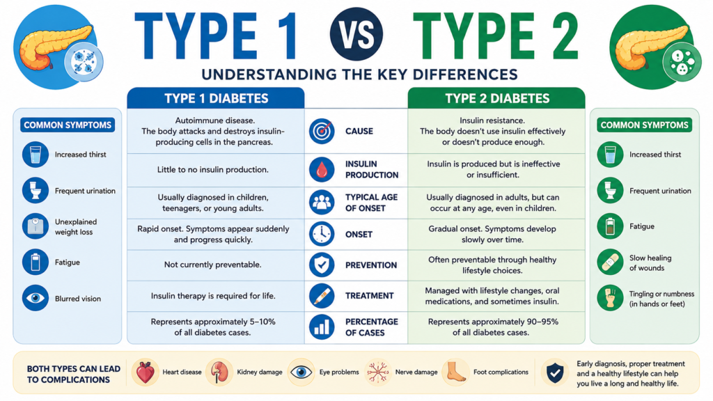 Type 1 vs Type 2 Diabetes comparison infographic showing causes, symptoms, insulin production, treatment options, prevention methods, and percentage of cases.